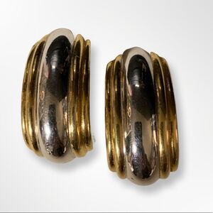 St. John Two Tone Designer Ridged Clip On Earring Vintage Costume Jewelry